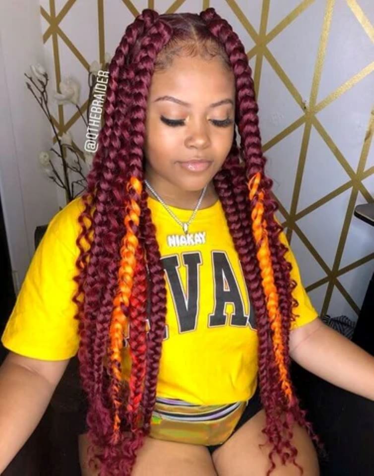 Burgundy Jumbo Braids With Ribbons